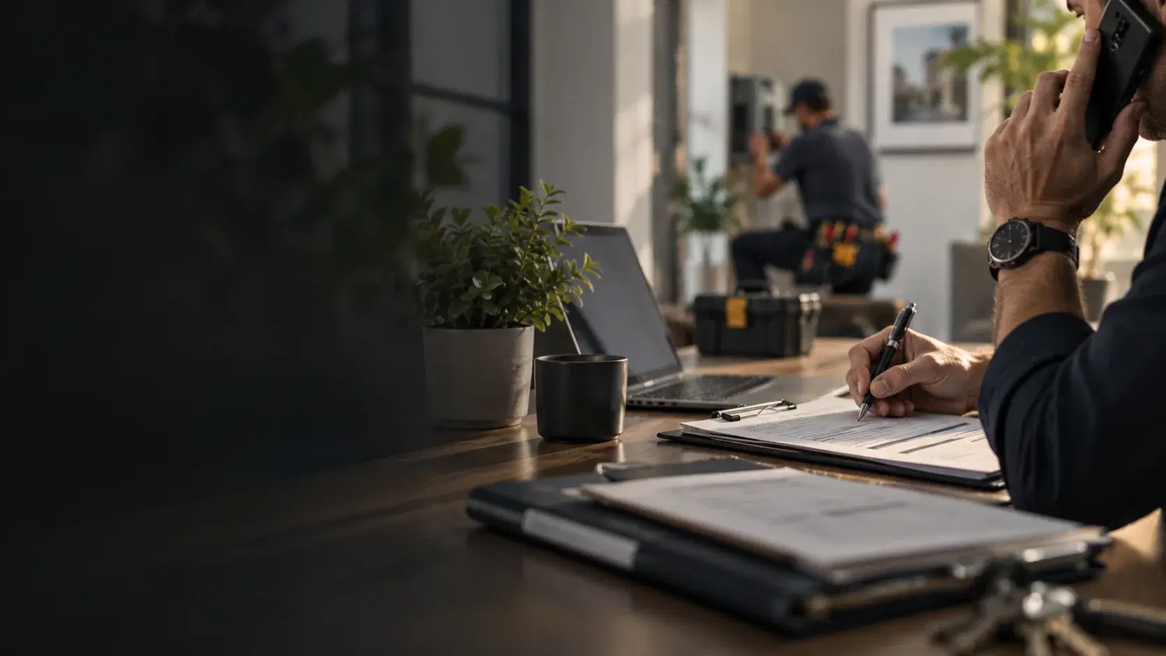 An operator on the phone filling in a lease file while a technician works on a panel behind