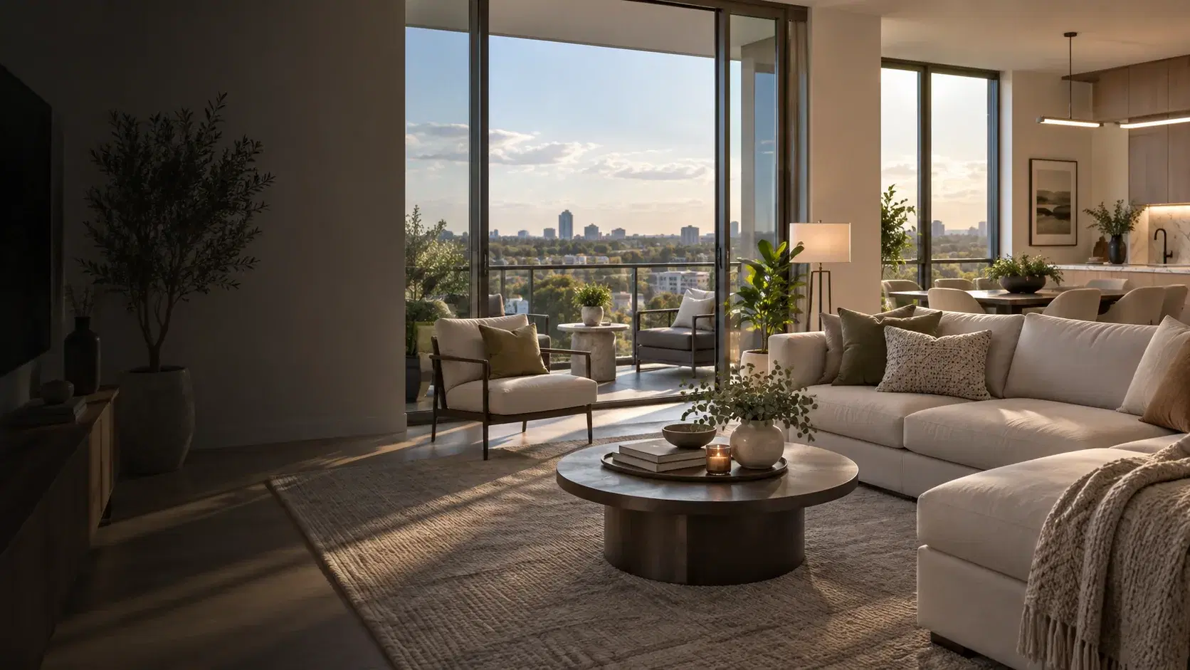 A sunlit suite with floor-to-ceiling windows over the city, staged for a showing