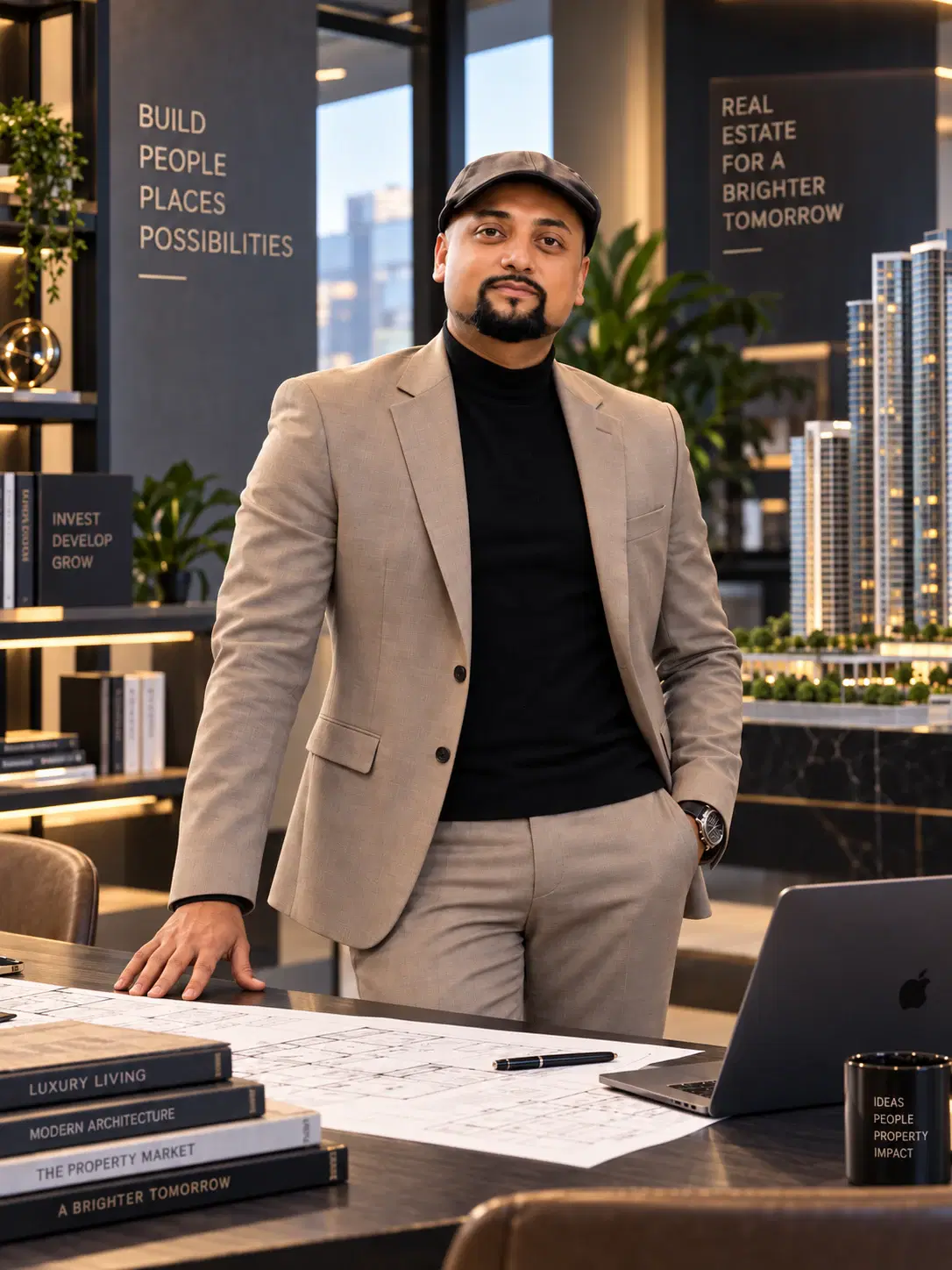 Sunny Dihana standing beside architectural plans in his office