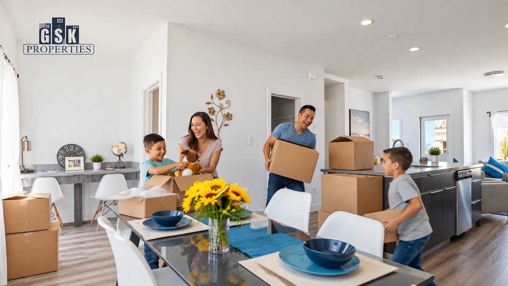 A family laughing as they unpack boxes in their new GSK Properties home