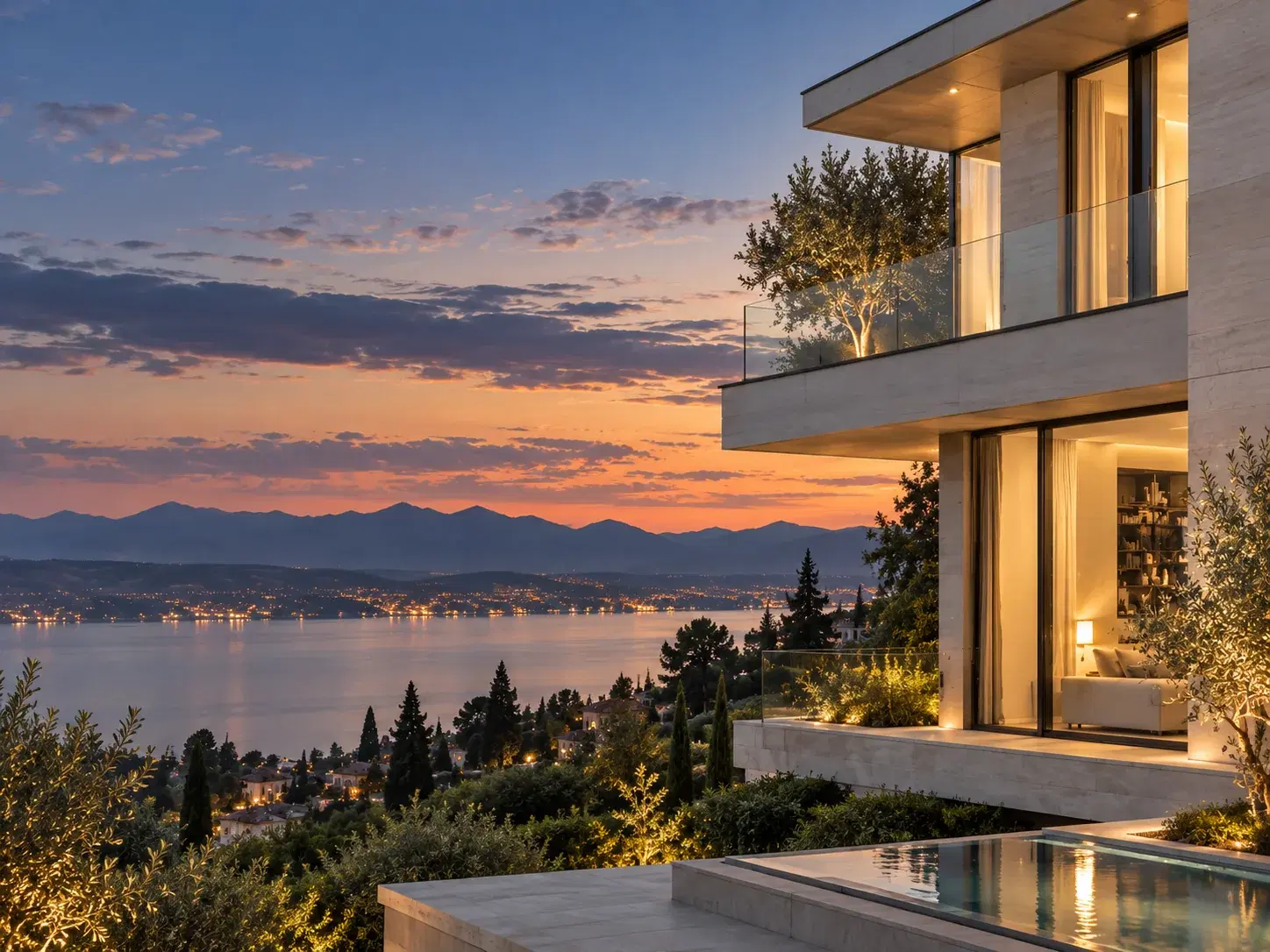 A hillside villa glowing at sunset above a lake