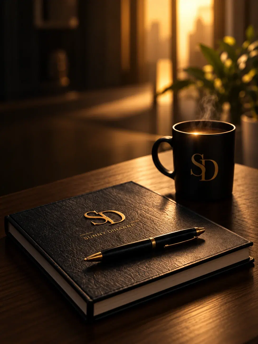 A leather notebook, gold pen and steaming coffee on a desk at dusk