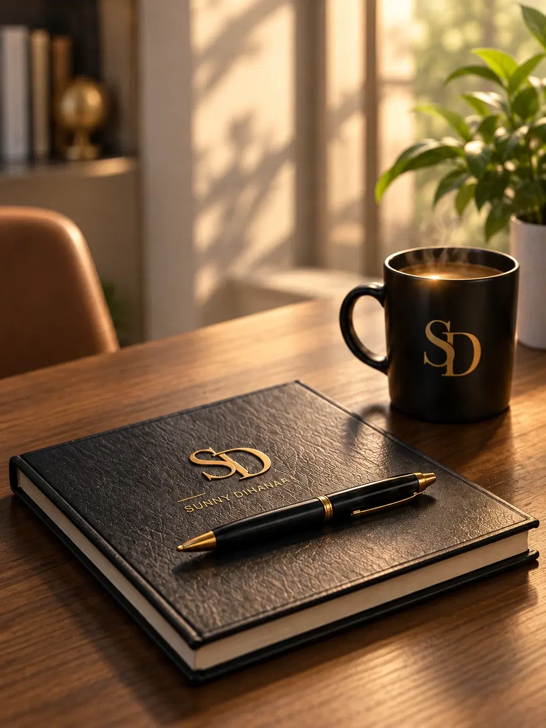 A leather notebook, gold pen and steaming coffee on a sunlit desk