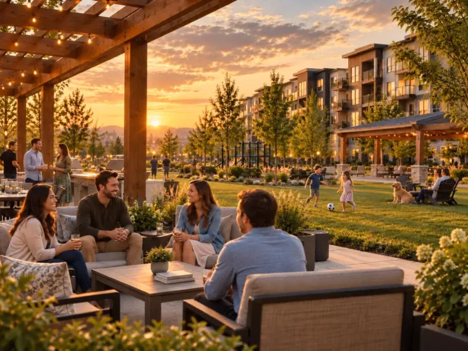 Neighbours talking under a pergola in a courtyard at sunset