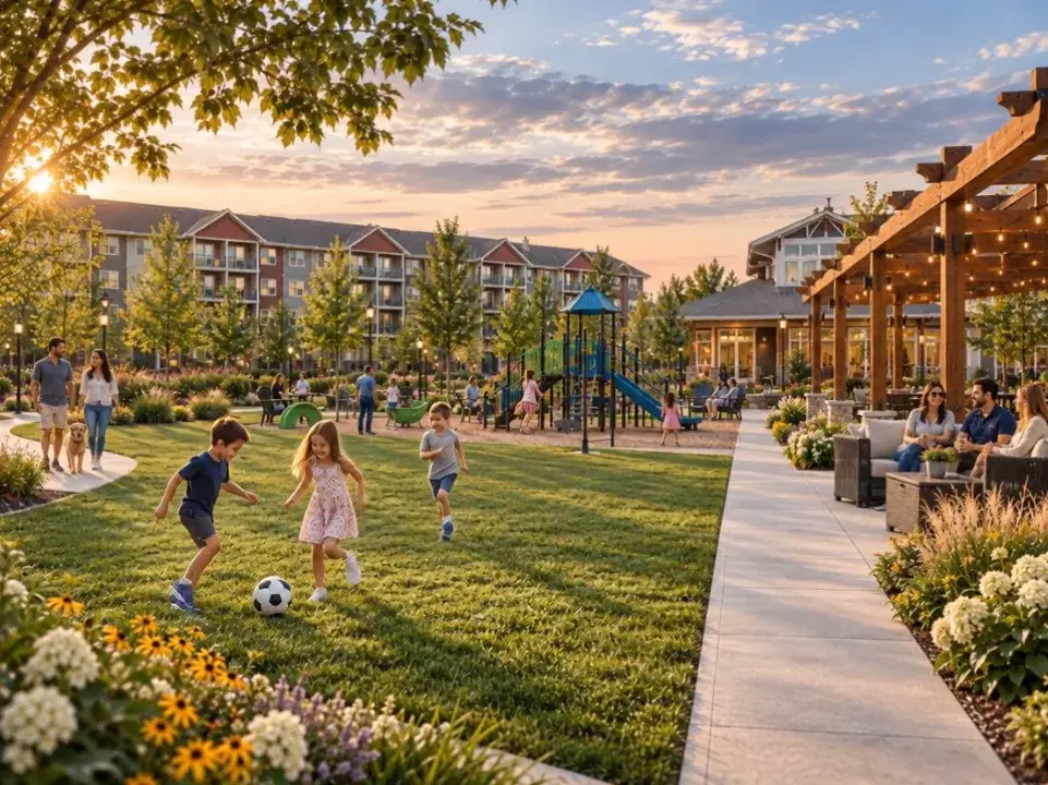 Children playing football on the lawn of a residential community at golden hour