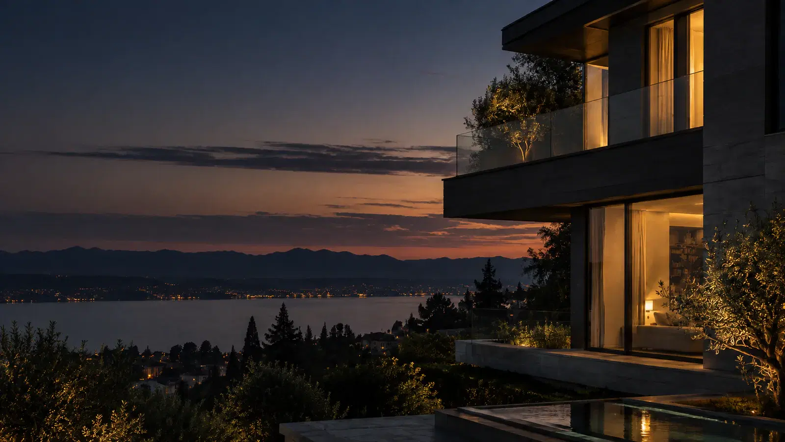 A home overlooking the city at dusk