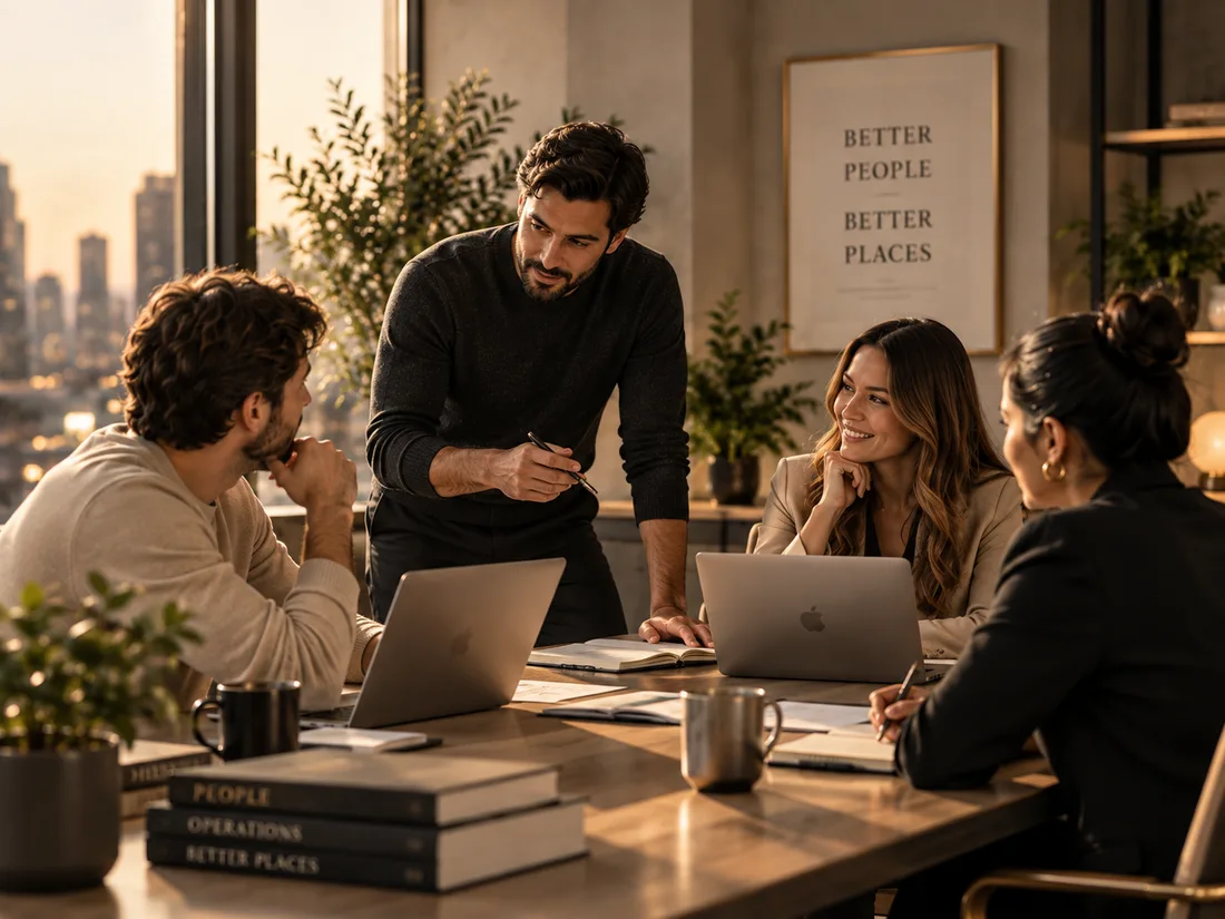 An operator mentoring a team around a table in a warm office