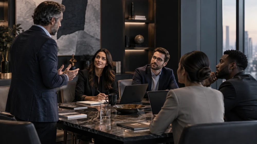 A property leadership team in a strategy meeting