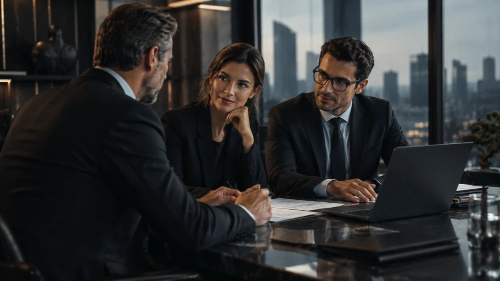 Business partners reviewing plans together in a city office