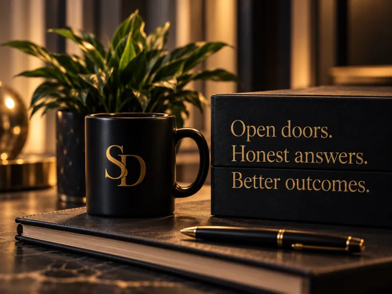 Open doors. Honest answers. Better outcomes. An SD coffee mug beside gold-lettered books.