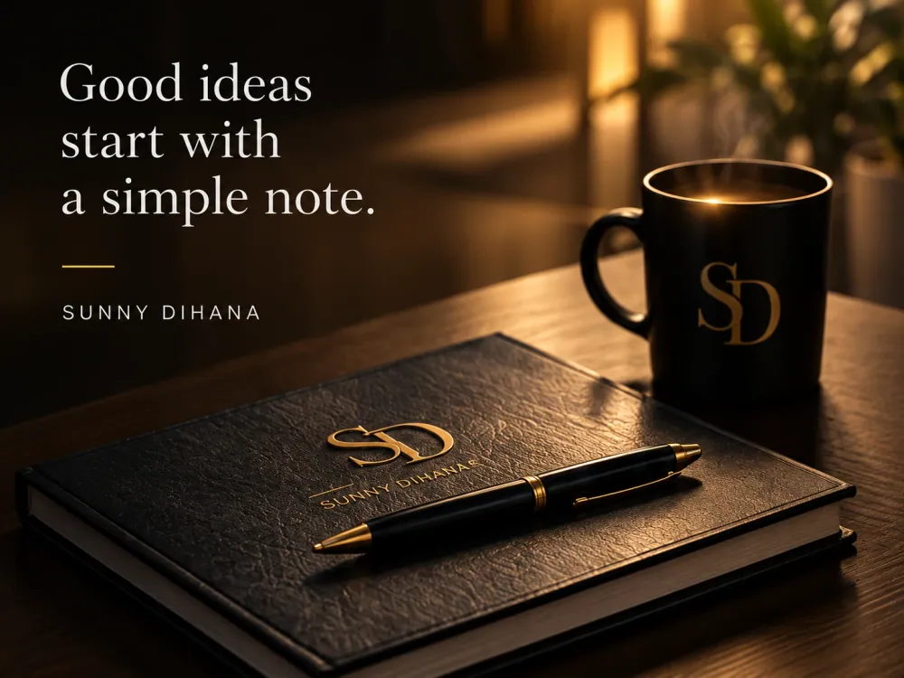 Good ideas start with a simple note. Sunny Dihana. A gold SD notebook, pen and coffee on the desk.